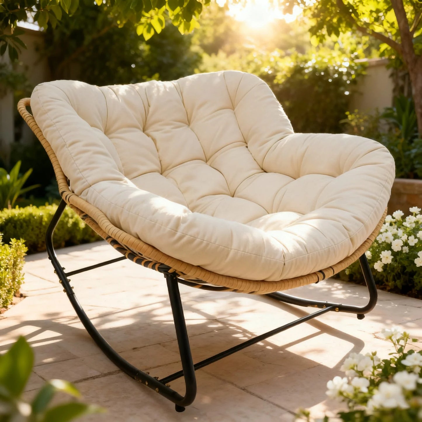 Outdoor Rocking Chair, Oversized Patio Egg Rocking Chair Indoor Papasan Rattan Wicker Lounge, Modern Royal Rocker for Bedroom, Living Room, Porch, Garden, Lawn, Beige