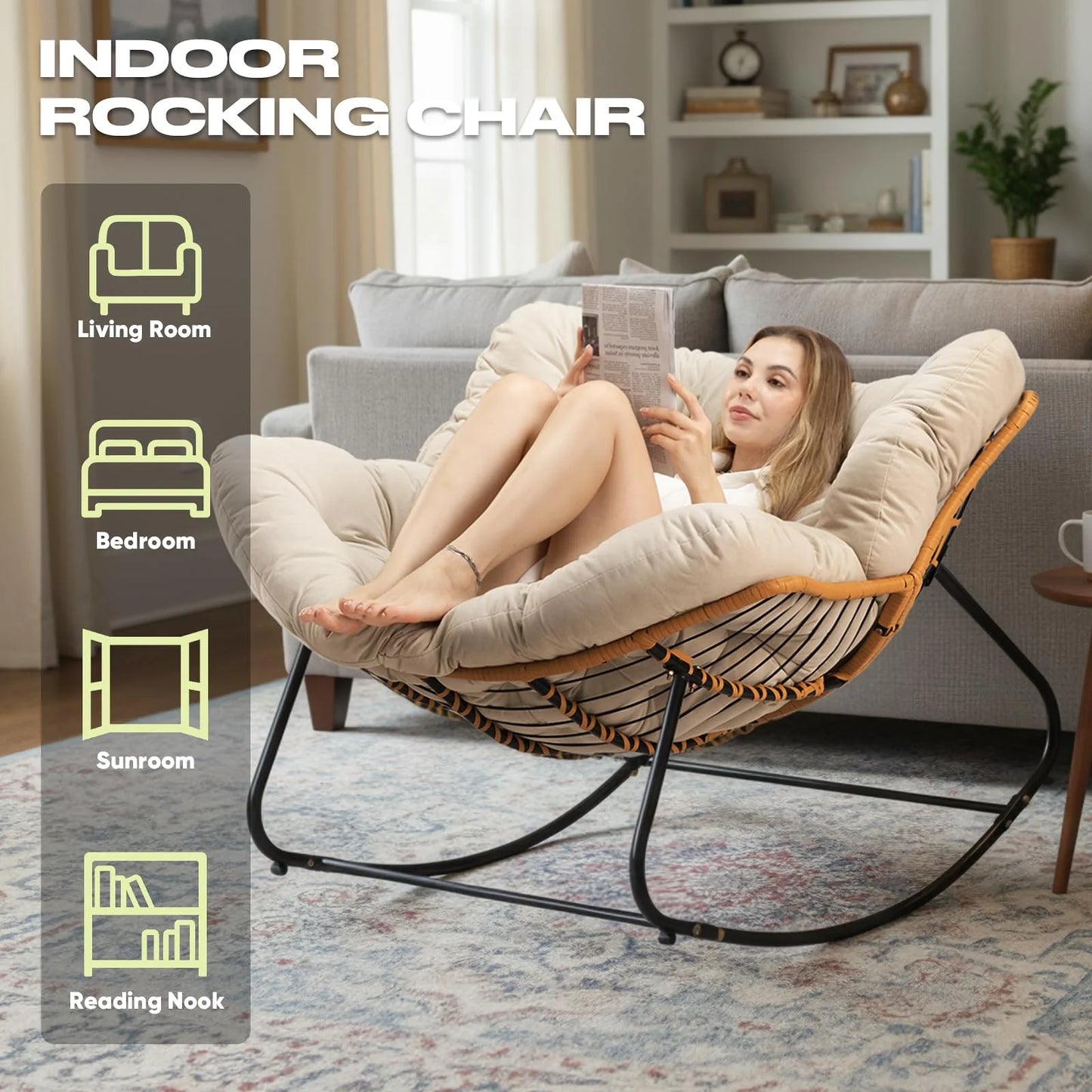 Outdoor Rocking Chair, Oversized Patio Egg Rocking Chair Indoor Papasan Rattan Wicker Lounge, Modern Royal Rocker for Bedroom, Living Room, Porch, Garden, Lawn, Beige