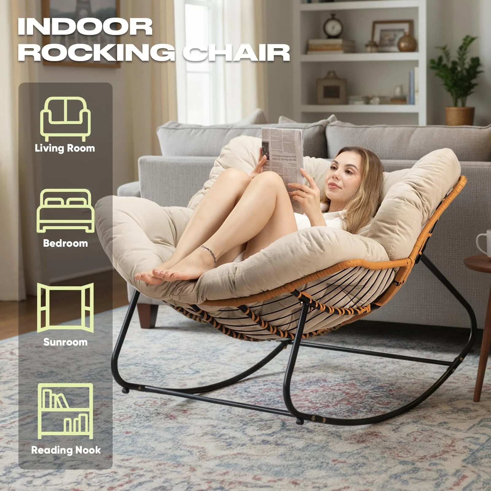 Outdoor Rocking Chair, Oversized Patio Egg Rocking Chair Indoor Papasan Rattan Wicker Lounge, Modern Royal Rocker for Bedroom, Living Room, Porch, Garden, Lawn, Beige