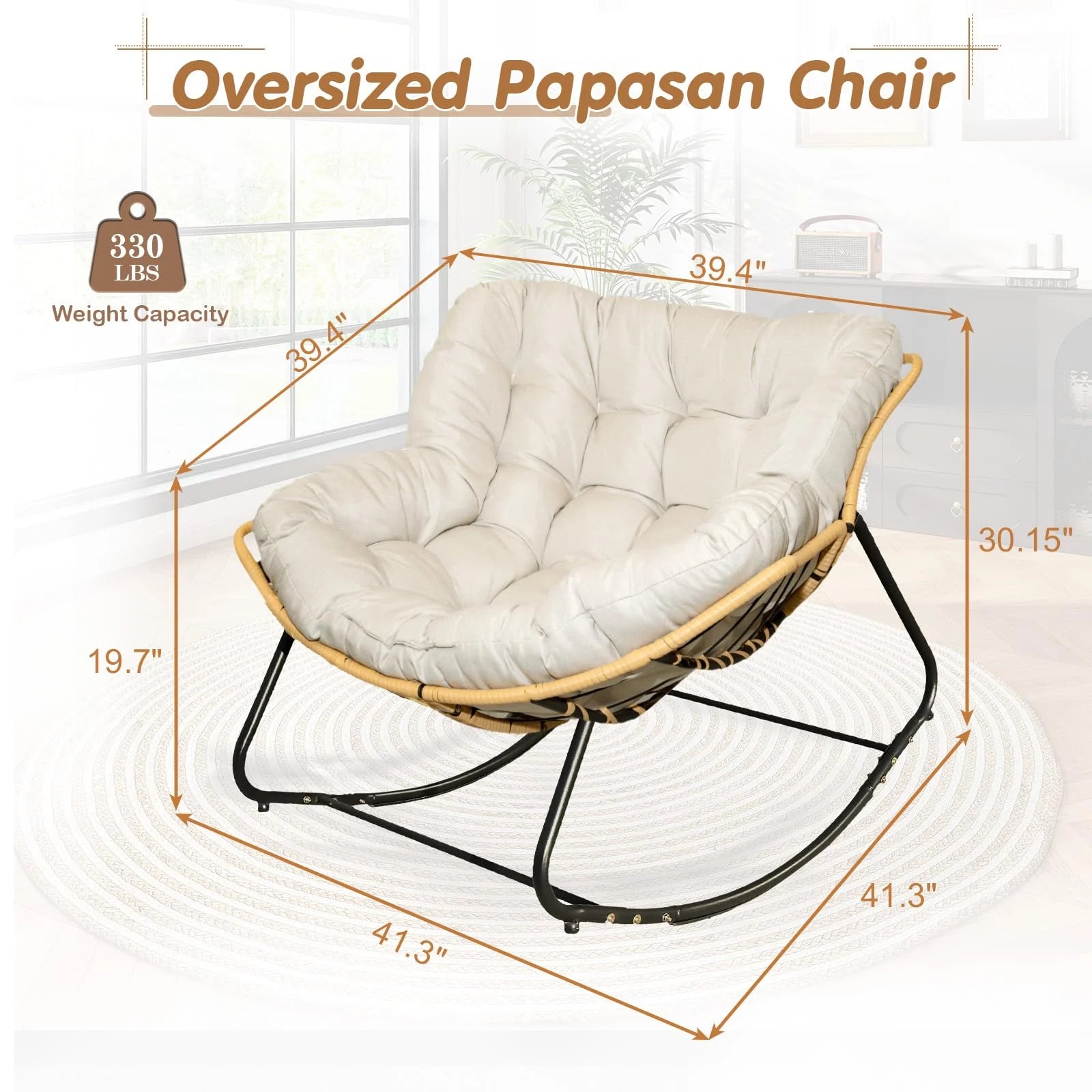 Outdoor Rocking Chair, Oversized Patio Egg Rocking Chair Indoor Papasan Rattan Wicker Lounge, Modern Royal Rocker for Bedroom, Living Room, Porch, Garden, Lawn, Beige
