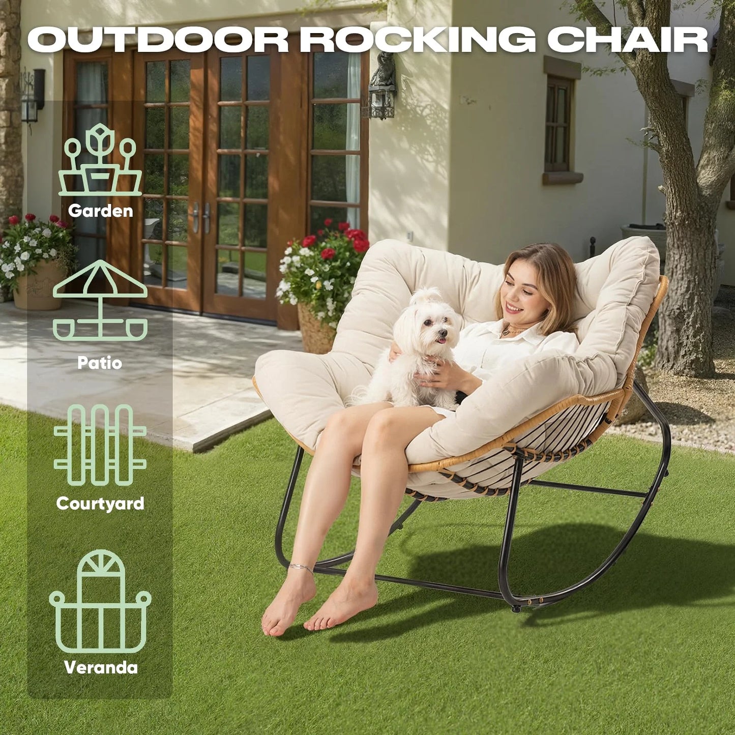Outdoor Rocking Chair, Oversized Patio Egg Rocking Chair Indoor Papasan Rattan Wicker Lounge, Modern Royal Rocker for Bedroom, Living Room, Porch, Garden, Lawn, Beige