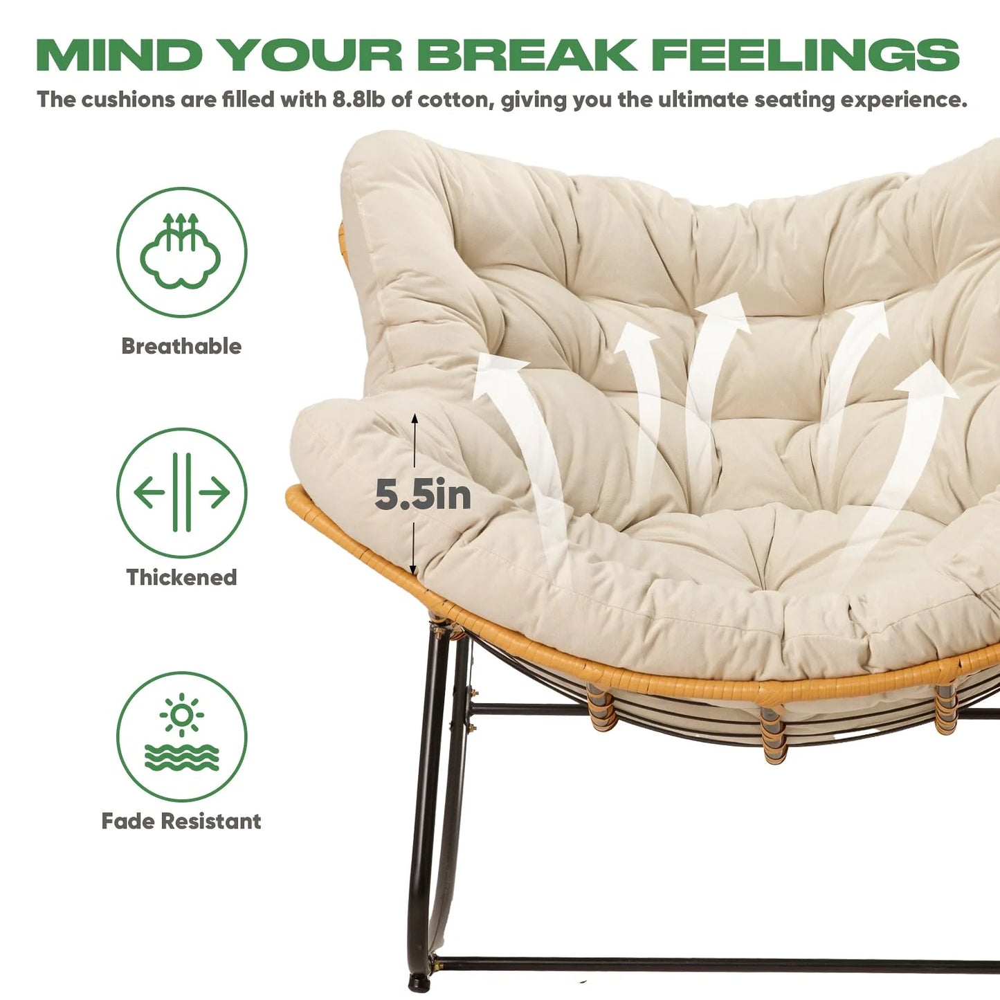 Outdoor Rocking Chair, Oversized Patio Egg Rocking Chair Indoor Papasan Rattan Wicker Lounge, Modern Royal Rocker for Bedroom, Living Room, Porch, Garden, Lawn, Beige