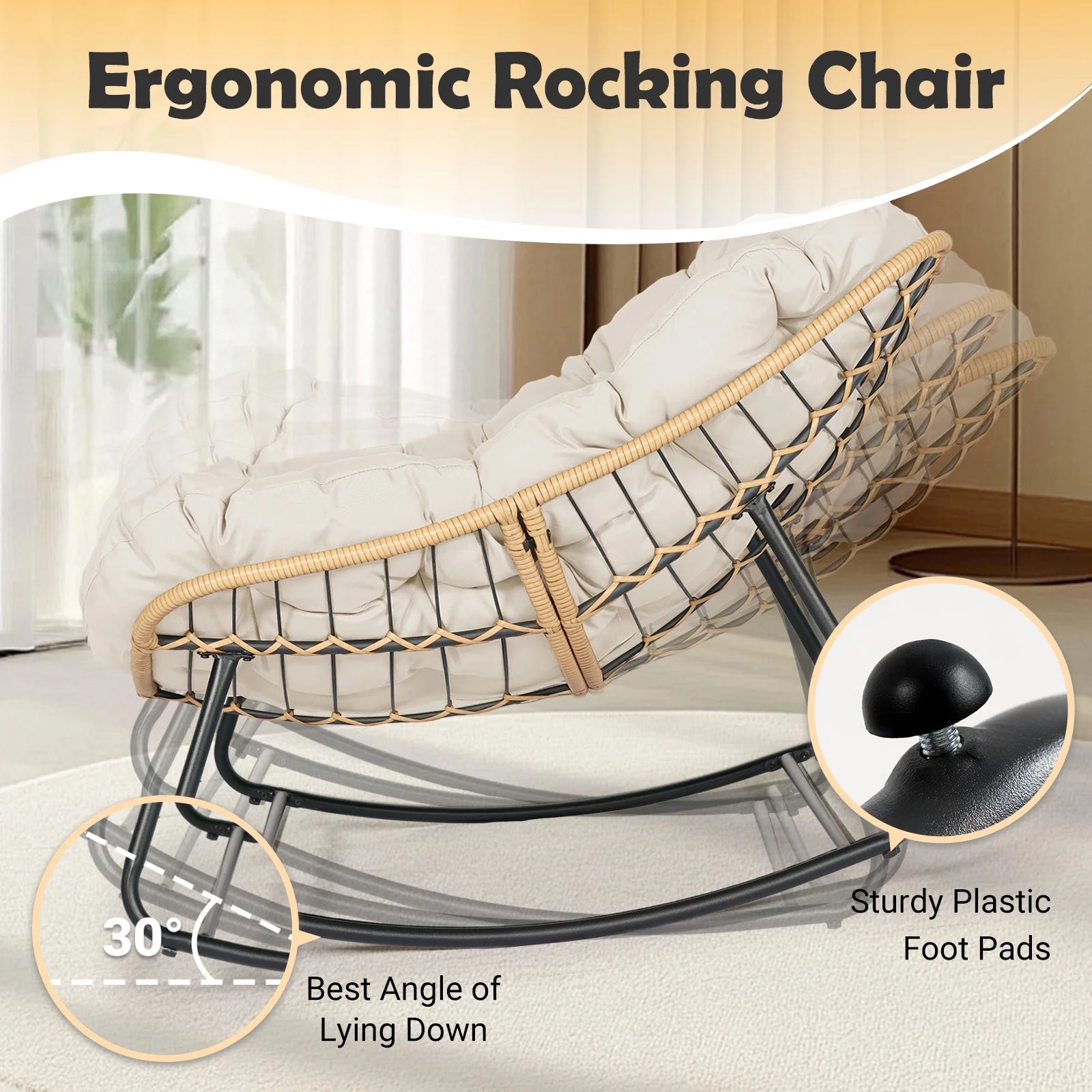 Outdoor Rocking Chair, Oversized Patio Egg Rocking Chair Indoor Papasan Rattan Wicker Lounge, Modern Royal Rocker for Bedroom, Living Room, Porch, Garden, Lawn, Beige
