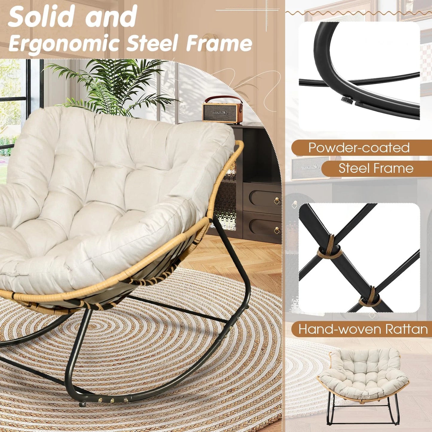 Outdoor Rocking Chair, Oversized Patio Egg Rocking Chair Indoor Papasan Rattan Wicker Lounge, Modern Royal Rocker for Bedroom, Living Room, Porch, Garden, Lawn, Beige