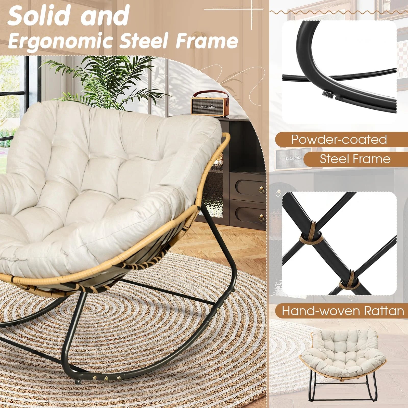 Outdoor Rocking Chair, Oversized Patio Egg Rocking Chair Indoor Papasan Rattan Wicker Lounge, Modern Royal Rocker for Bedroom, Living Room, Porch, Garden, Lawn, Beige