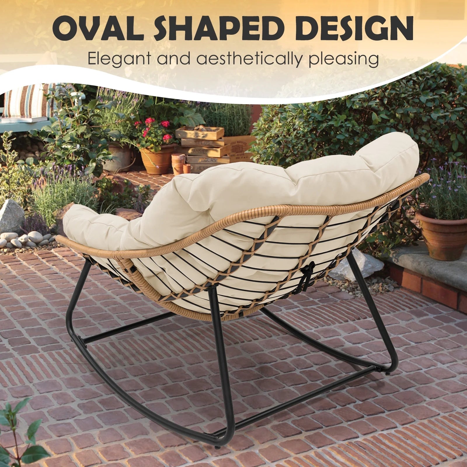 Outdoor Rocking Chair, Oversized Patio Egg Rocking Chair Indoor Papasan Rattan Wicker Lounge, Modern Royal Rocker for Bedroom, Living Room, Porch, Garden, Lawn, Beige