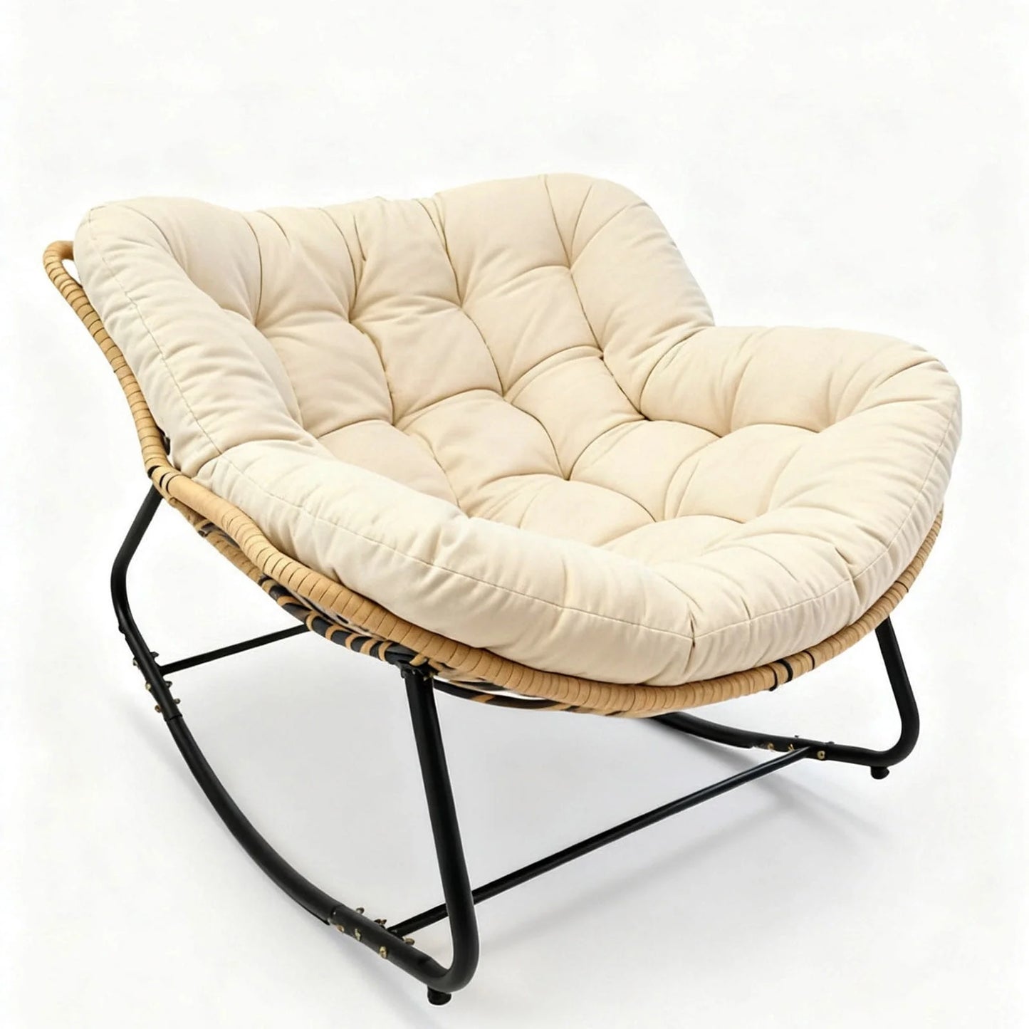 Outdoor Rocking Chair, Oversized Patio Egg Rocking Chair Indoor Papasan Rattan Wicker Lounge, Modern Royal Rocker for Bedroom, Living Room, Porch, Garden, Lawn, Beige