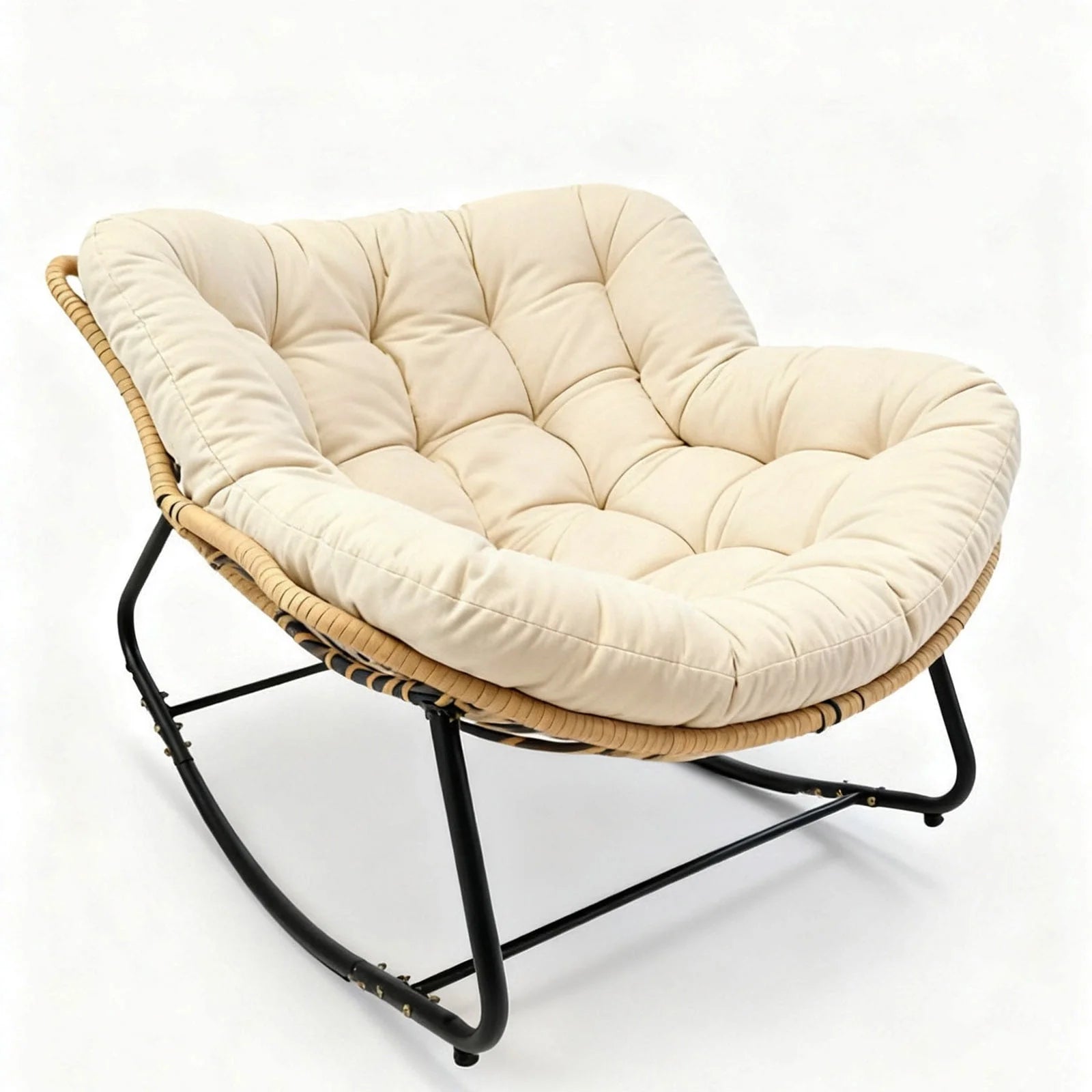 Outdoor Rocking Chair, Oversized Patio Egg Rocking Chair Indoor Papasan Rattan Wicker Lounge, Modern Royal Rocker for Bedroom, Living Room, Porch, Garden, Lawn, Beige